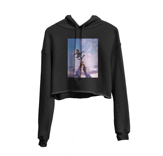 Exclusive Flower Graphic Cropped Hoodie - Black