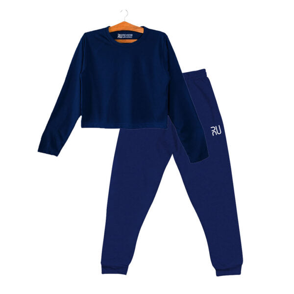 Navy Blue Long Sleeve Crop Top Tracksuit