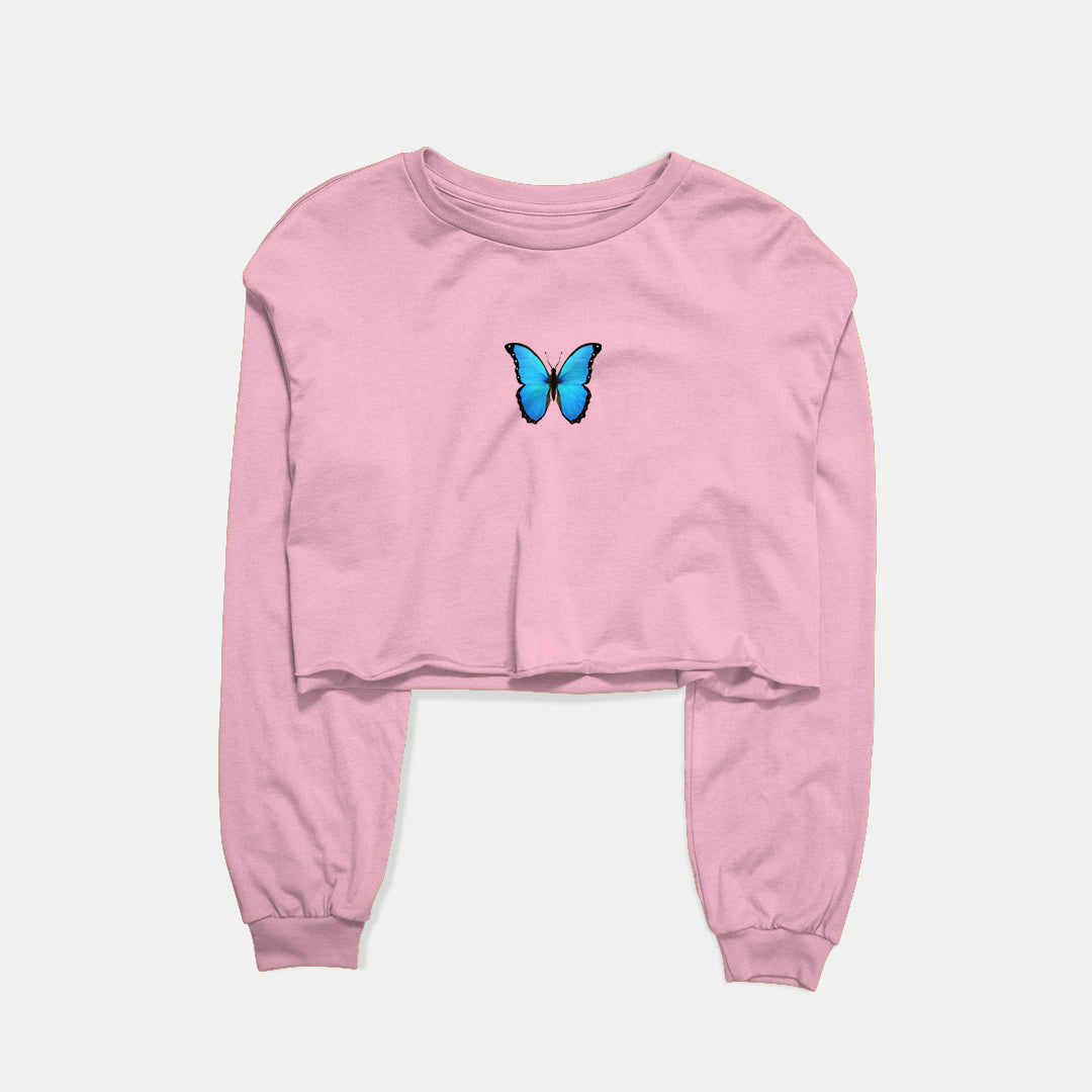 Neon Blue Butterfly Graphic Cropped Sweatshirt