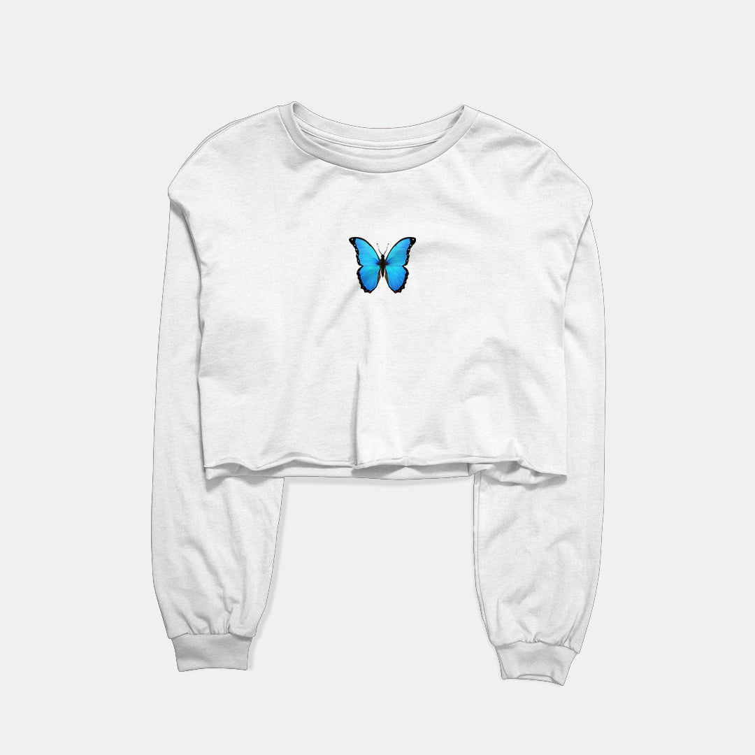 Neon Blue Butterfly Graphic Cropped Sweatshirt